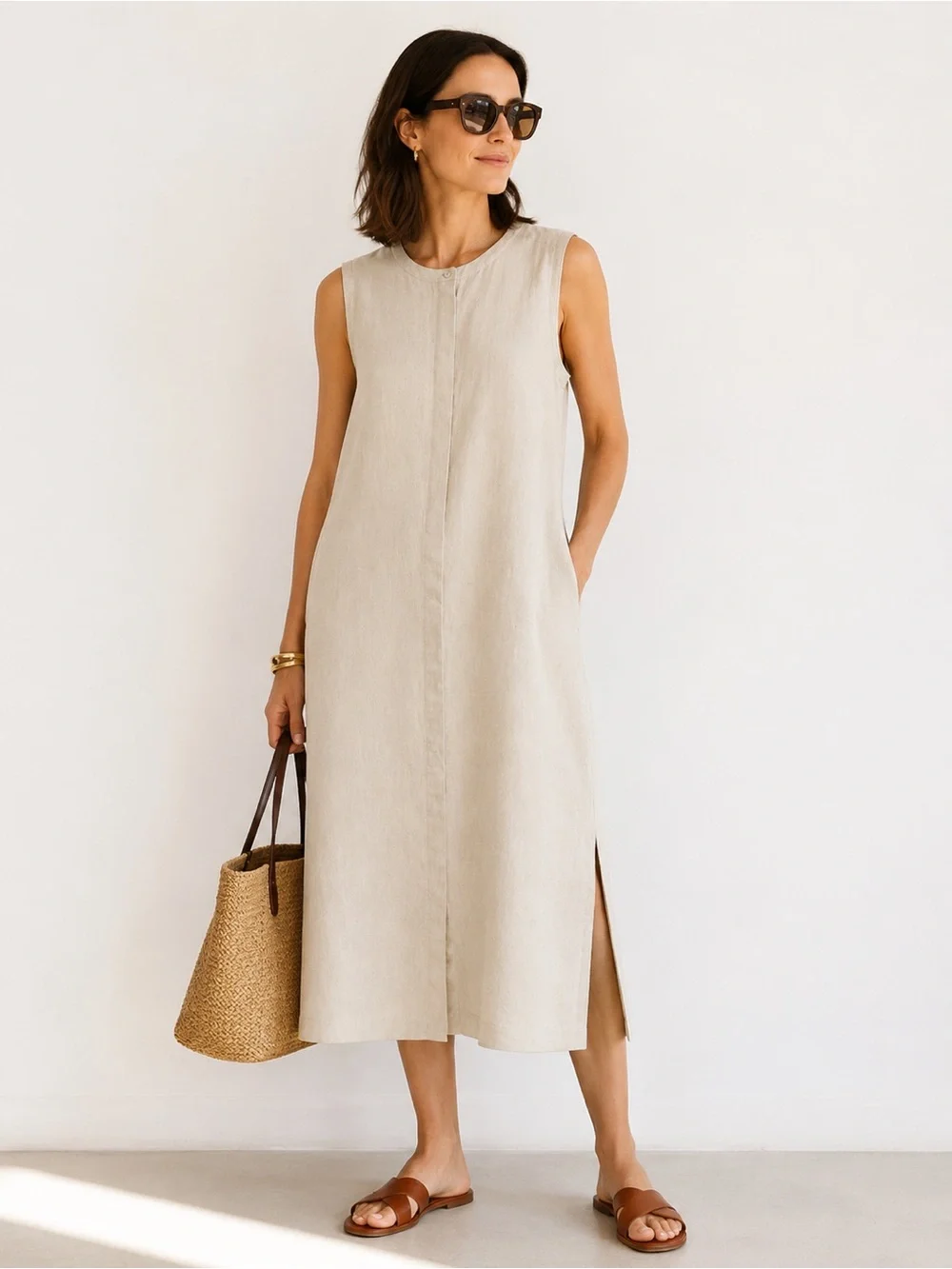 J.Crew 100% Linen Midi Dress Beige Sleeveless Minimalist Coastal Chic SZ L - Picture 1 of 3